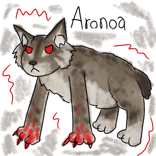 a scribbled drawing of a juvenile lynx that looks angry and has bloodstained front paws. next to him is his name, aronoa